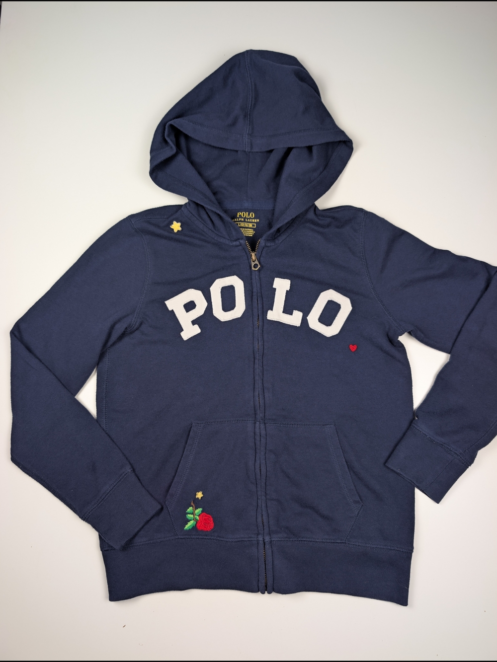 Polo Ralph Lauren Logo Youth Navy Zip Hoodie Embroidered Rose Heart Sz L 12-14